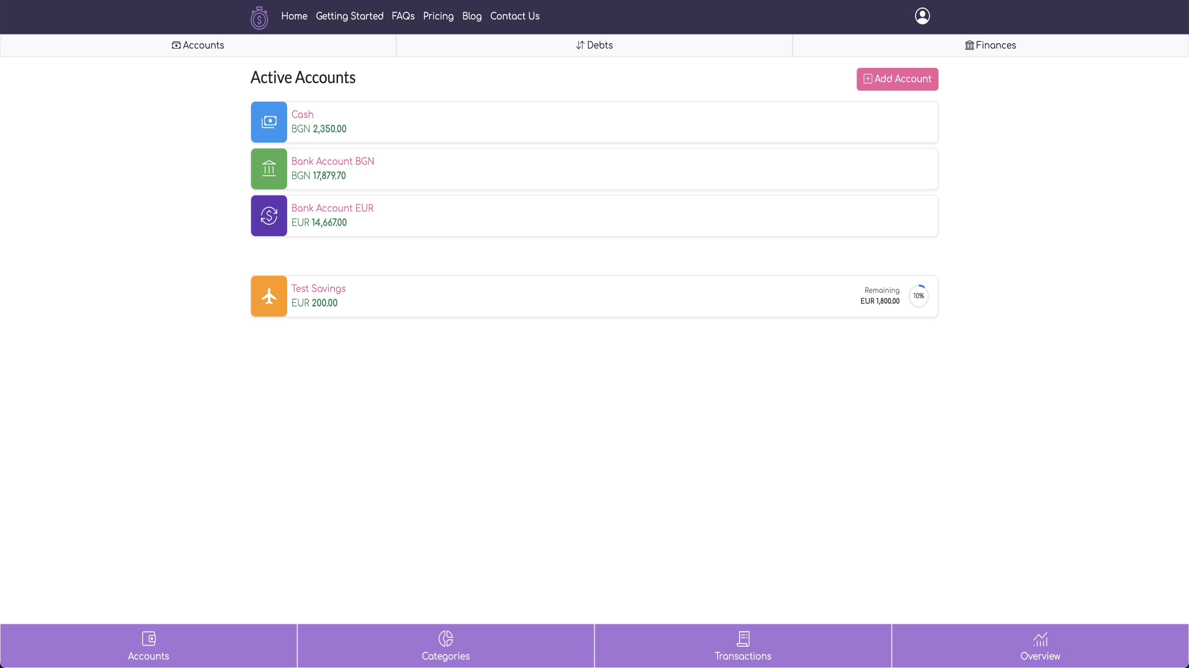 Accounts dashboard showing balances for cash, checking, savings, and other accounts in WhizBudget app