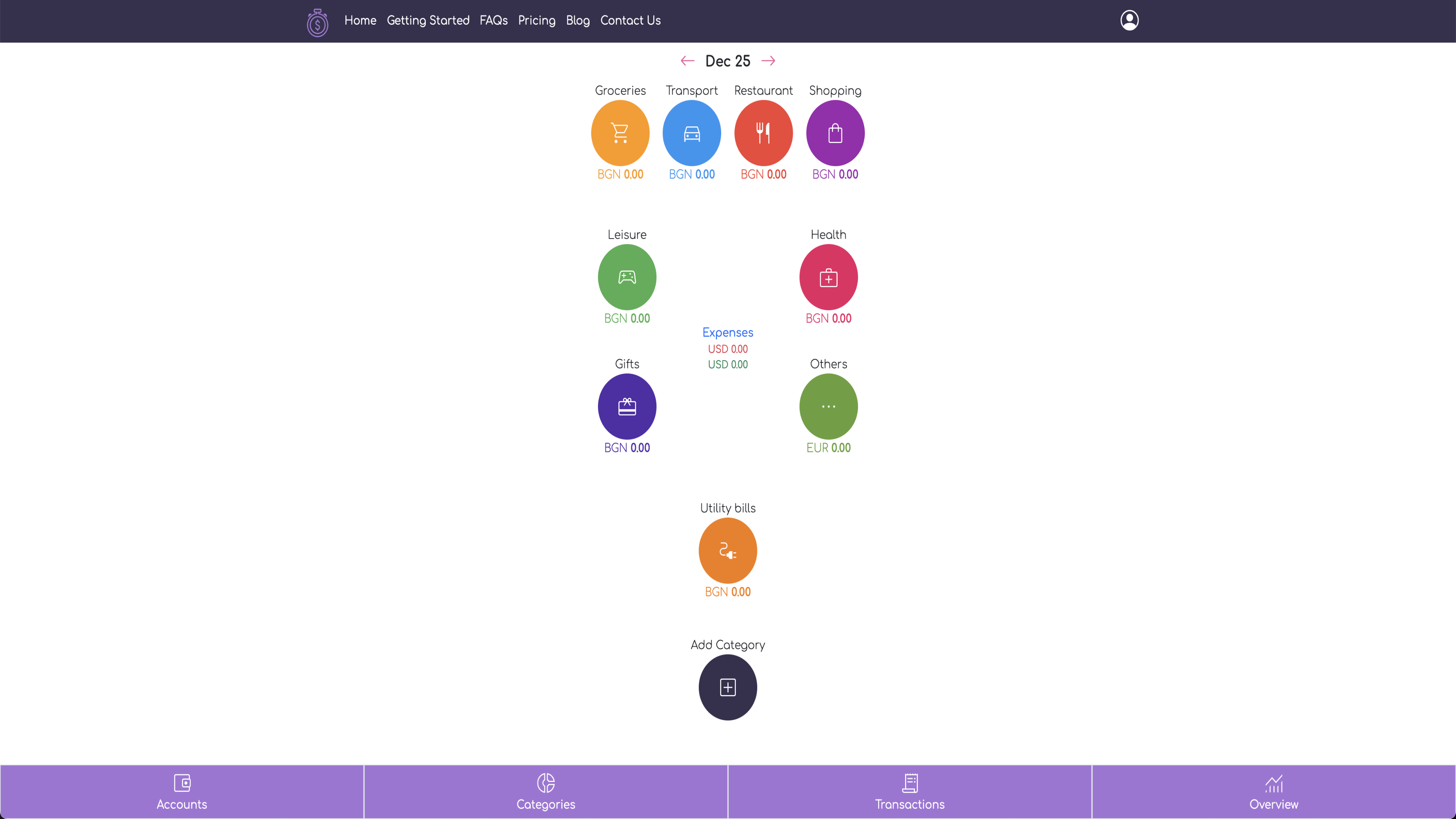 WhizBudget categories overview for classifying and tracking expense groups like groceries, bills, and more