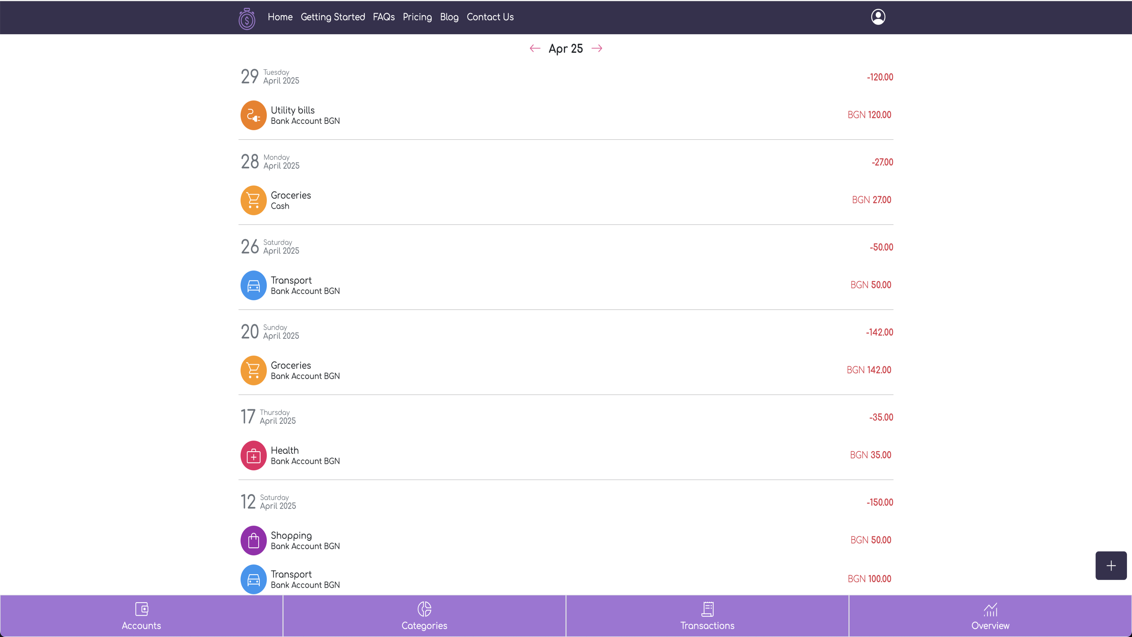 Transactions history in WhizBudget app showing expenses and income by month